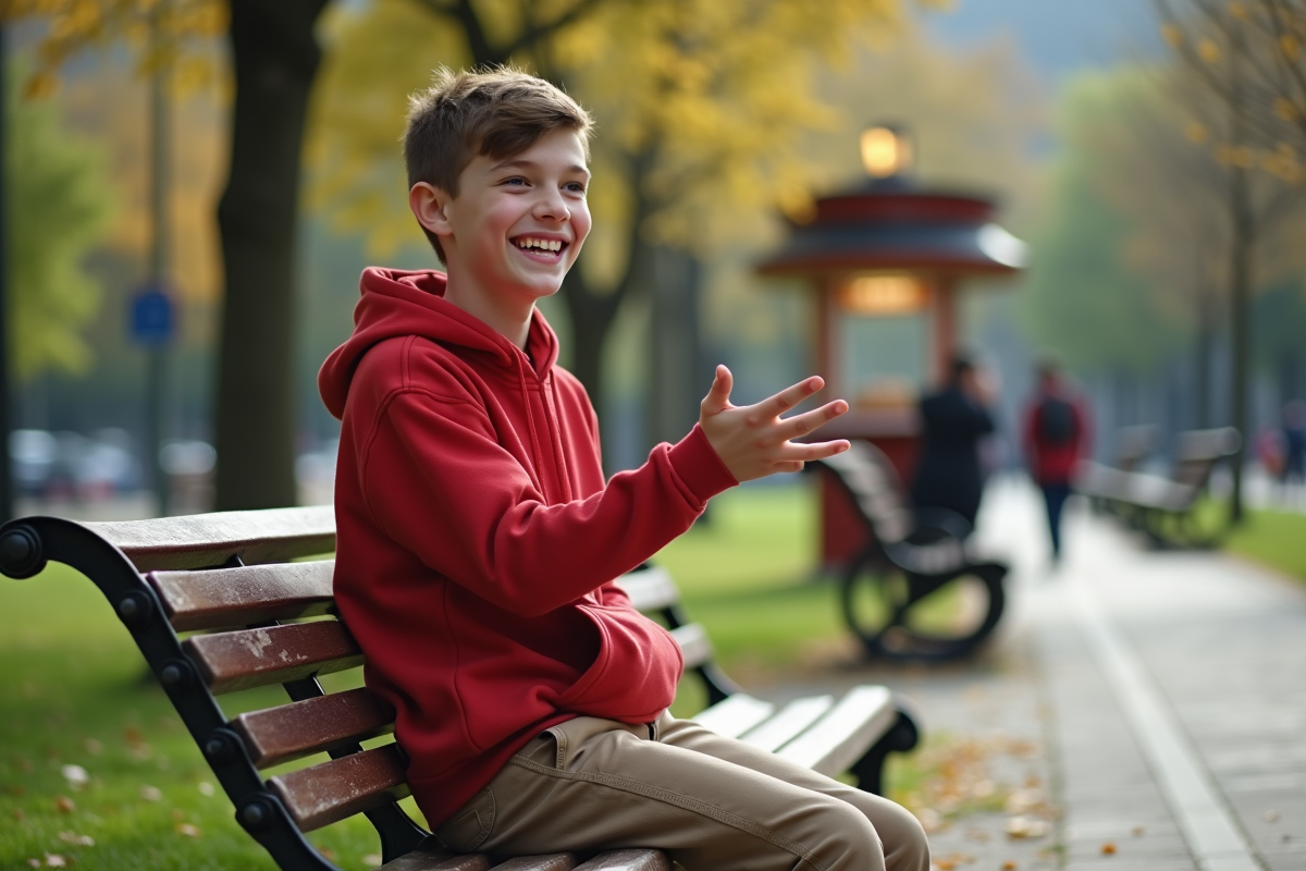 Adolescent assis sur un banc dans un parc urbain
