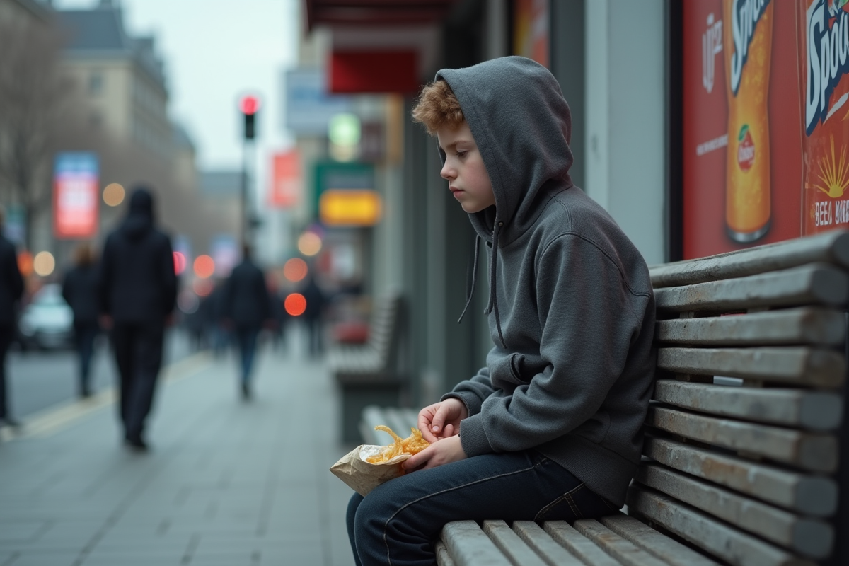 Adolescent seul sur un banc urbain en ville