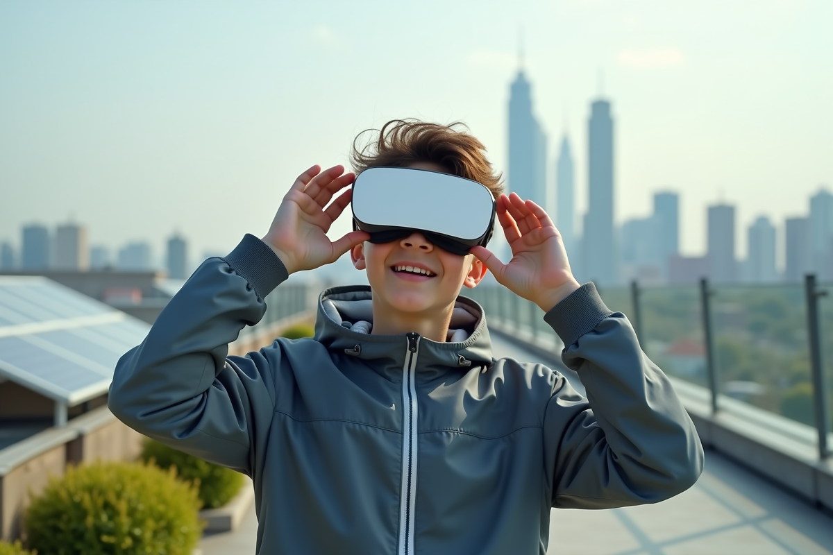Adolescent ajustant un casque de réalité augmentée en ville