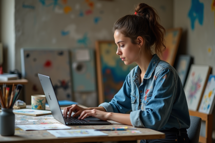 Jeune artiste en studio créant de l'art numérique