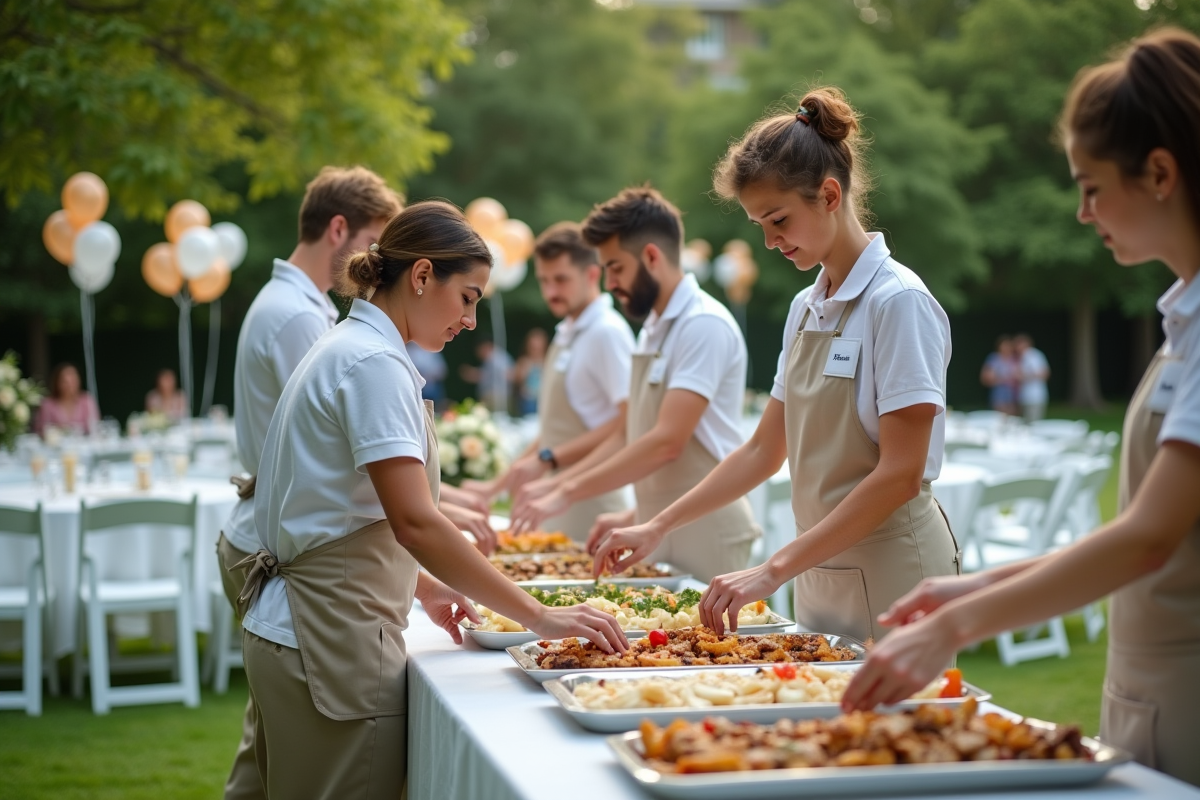 Équipe de catering préparant un buffet en extérieur dans un jardin