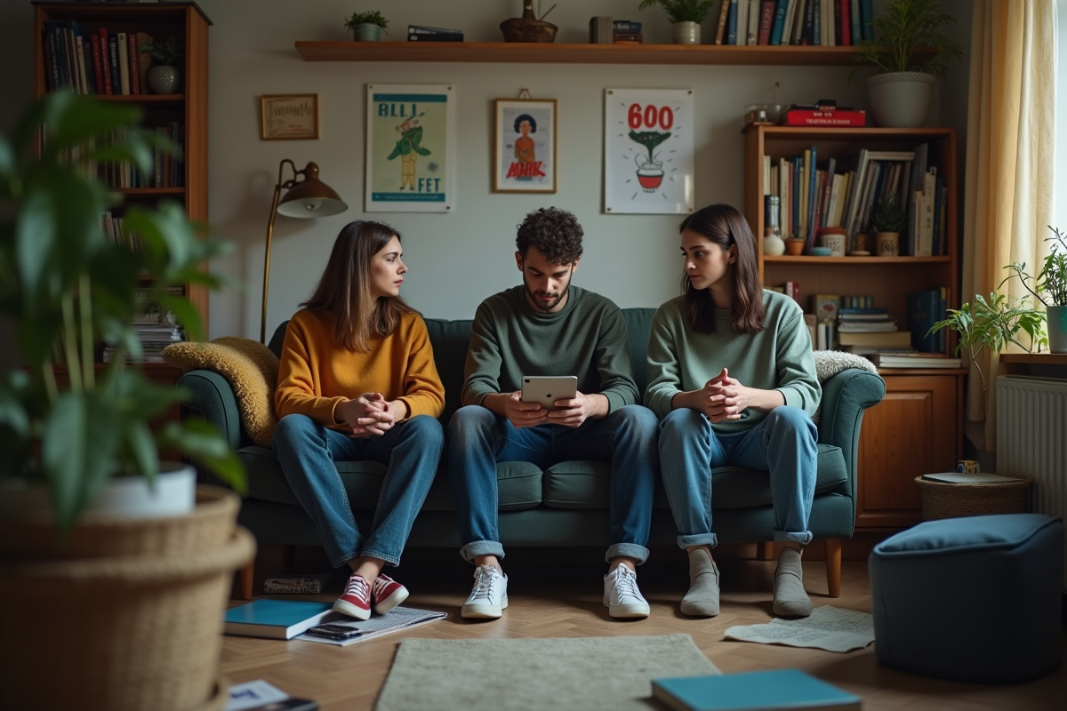 Trois colocataires assis dans un salon désordonné