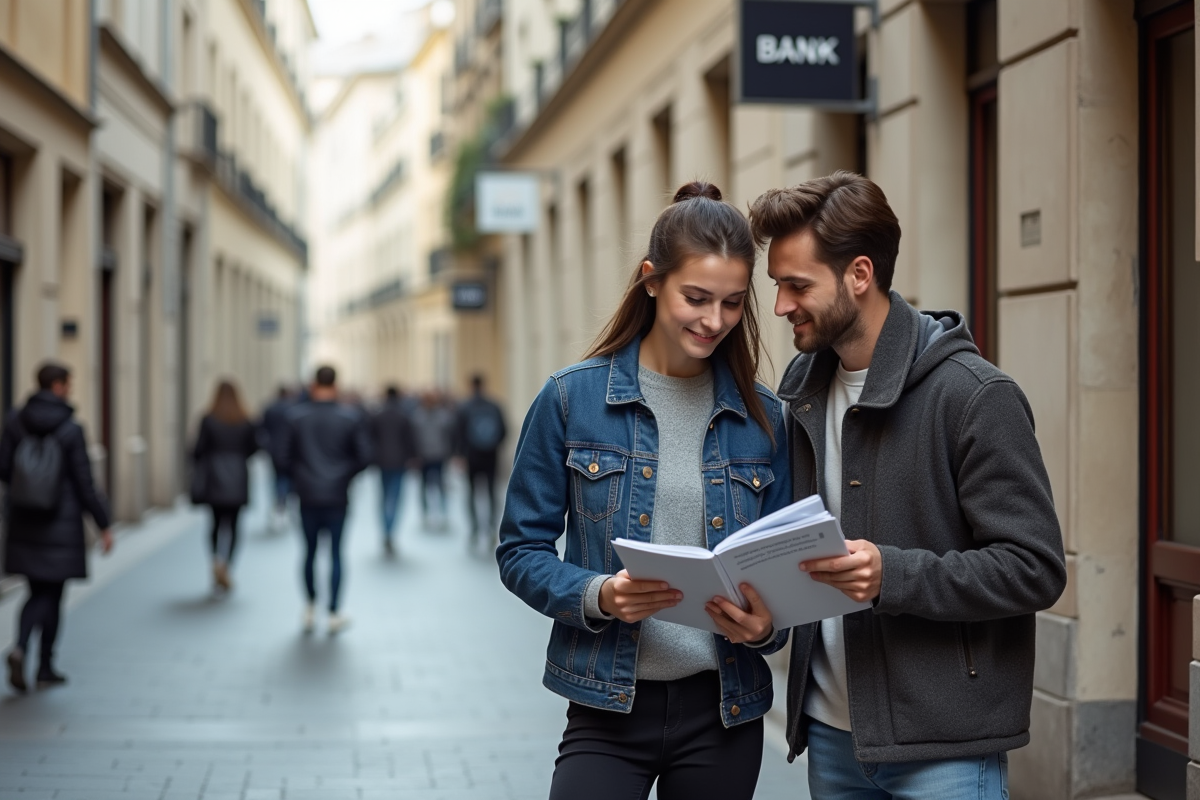 Jeune couple français discutant de prêt immobilier devant une banque