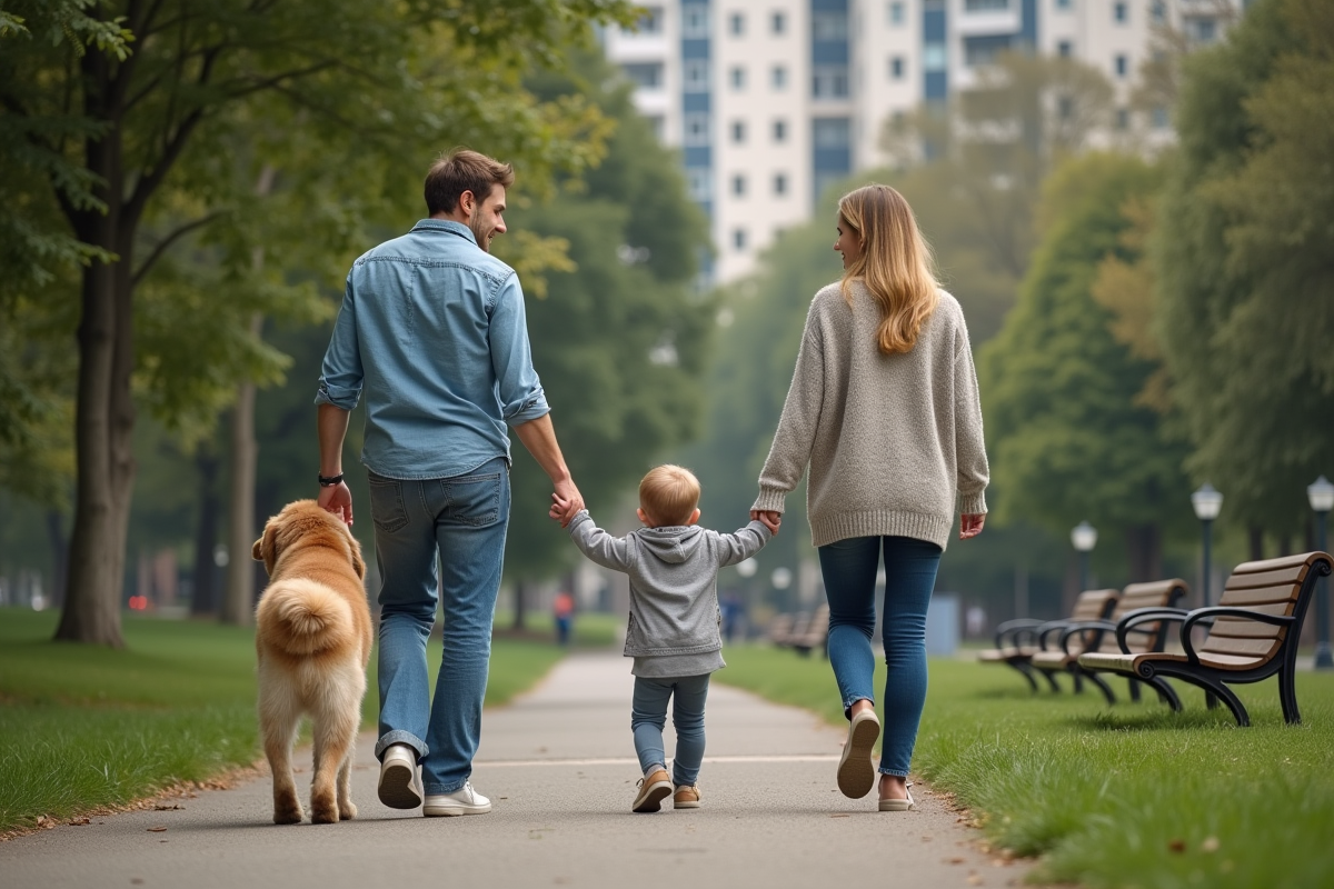 Couple en denim avec enfant et chien dans un parc urbain