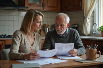 Couple français étudiant ses relevés bancaires à la maison