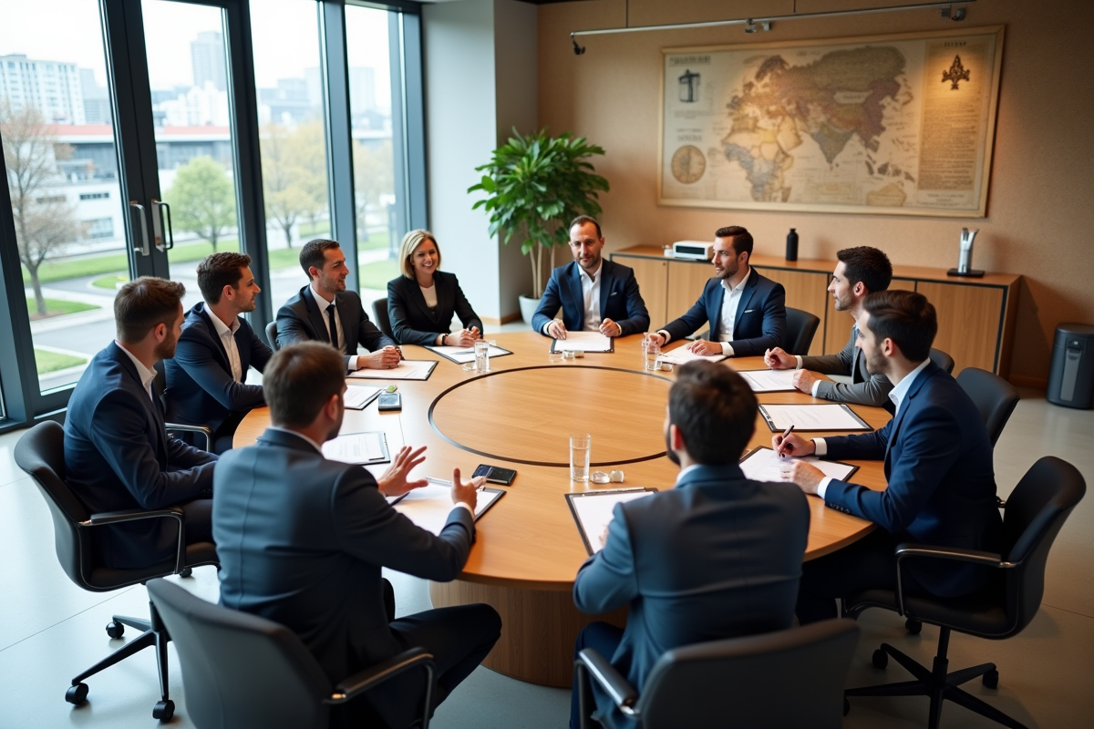 Groupe diversifié en débat dans une salle moderne