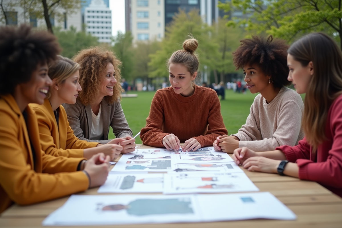 Groupes de designers mode discutant en plein air