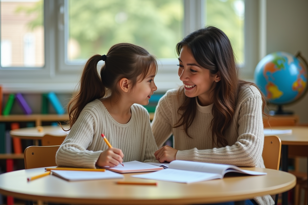 Professeure aidant une élève en classe chaleureuse
