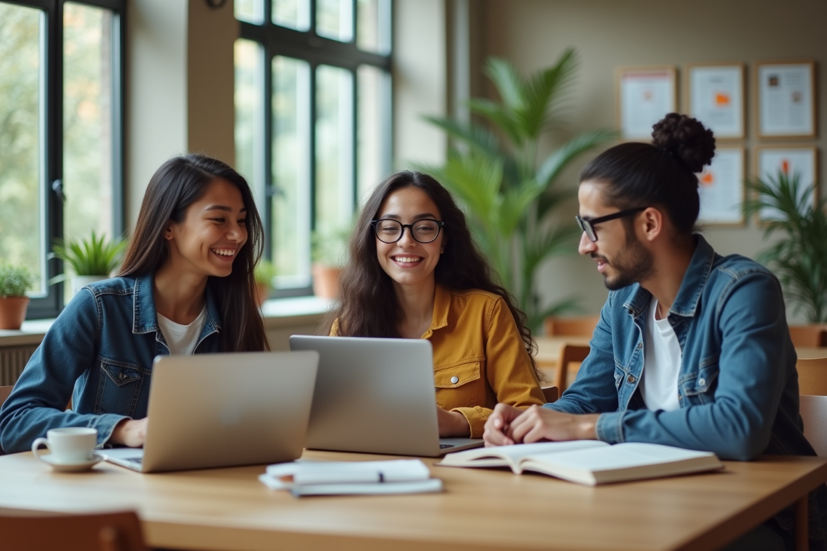 Jeunes etudiants en discussion autour d une table