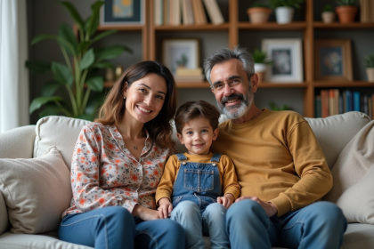 Famille multietnique souriante dans un salon chaleureux