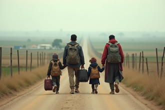 Famille de quatre marche sur une route rurale