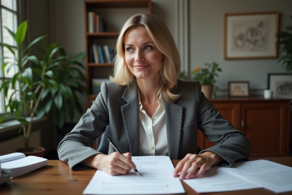 Femme d affaires française examinant des documents de prêt immobilier