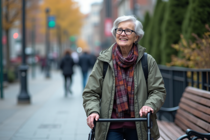Femme agee avec déambulateur dans la ville