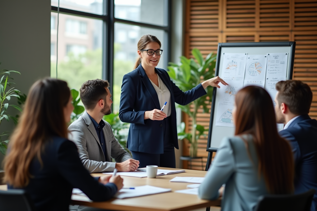 Femme en blazer navy anime une séance de brainstorming
