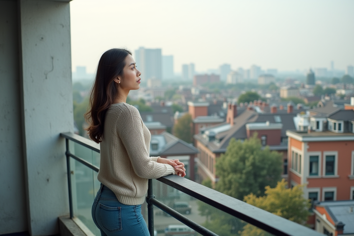 Jeune femme regardant la ville depuis un balcon avec toit plat