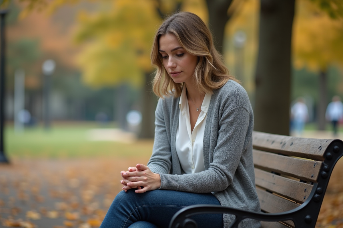 Femme assise sur un banc dans un parc en automne