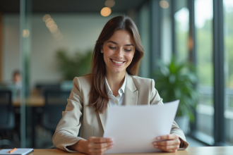 Femme au bureau souriante et détendue en open space