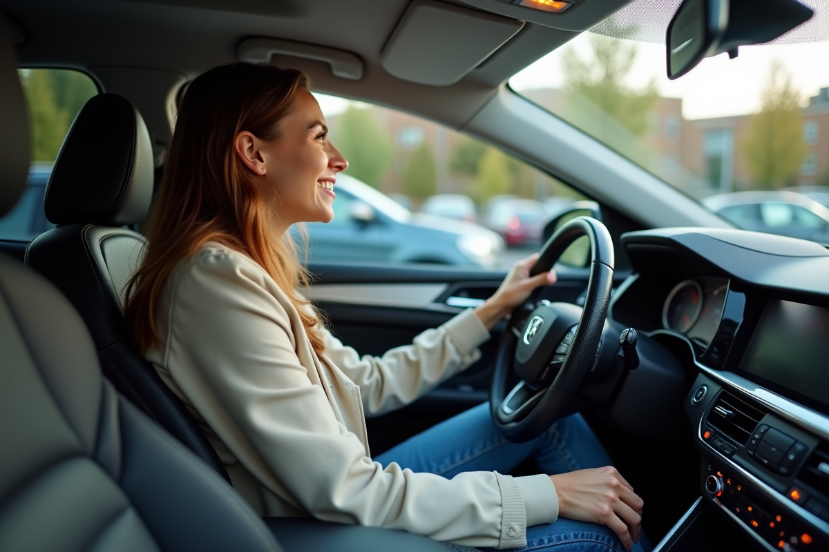 Jeune femme souriante dans la voiture à l intérieur