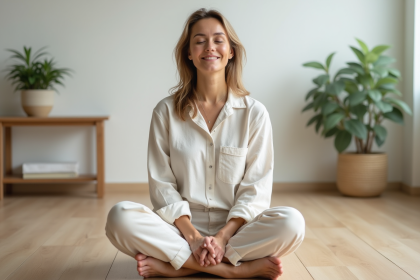 Femme détendue en vêtements en lin dans un intérieur calme