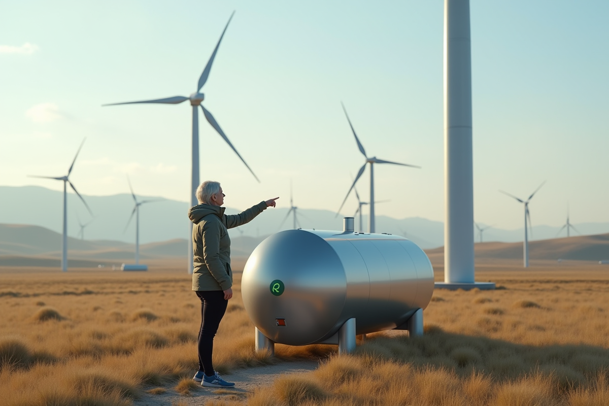 Femme pointant vers un stockage dhydrogene près dune éolienne
