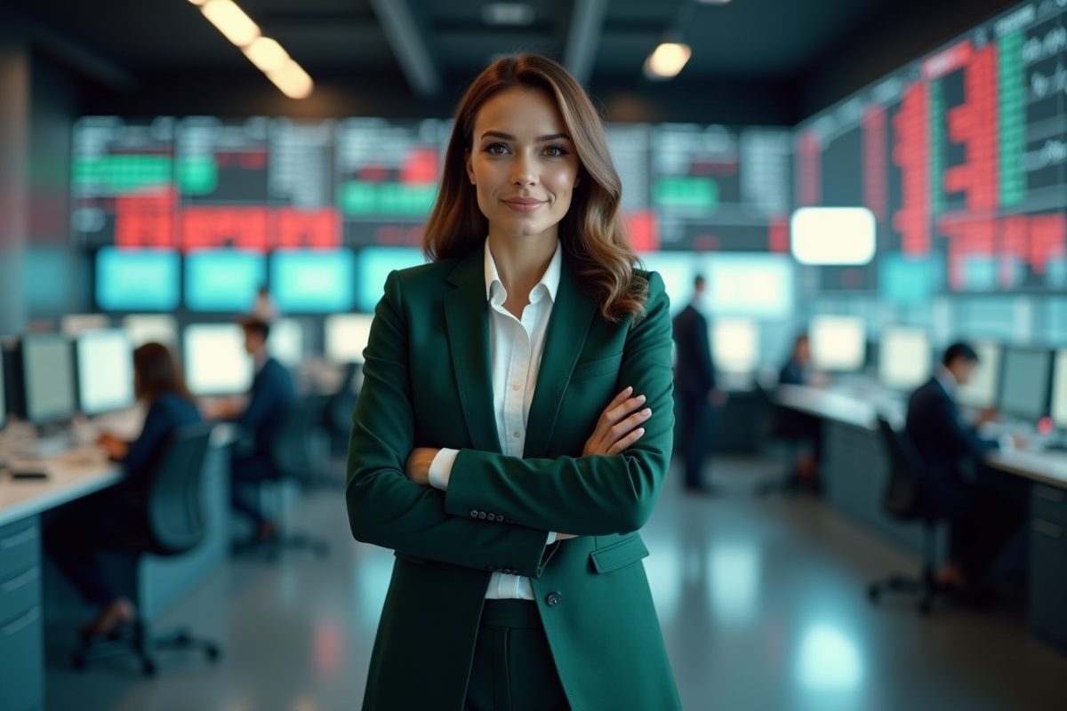 Femme confiante en tailleur vert dans un espace de trading dynamique