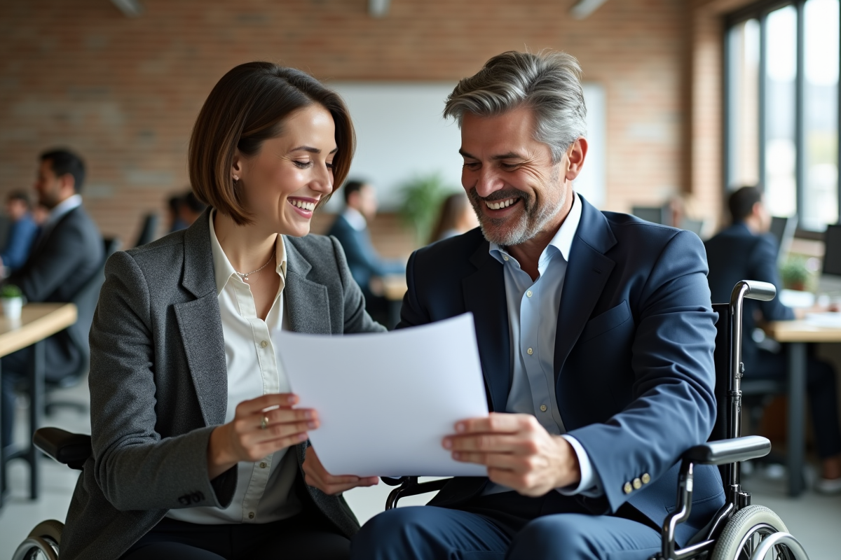 Femme professionnelle aidant un collègue en fauteuil au bureau