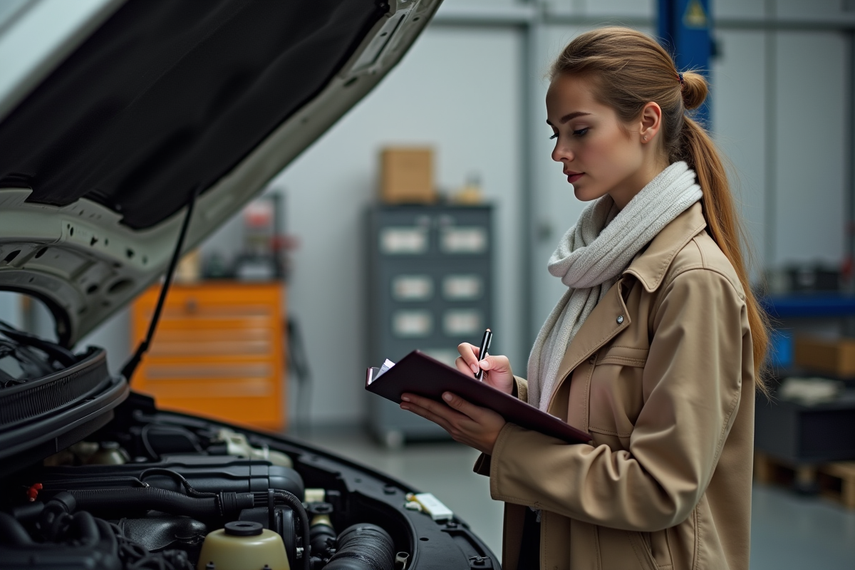 Femme inspectant le moteur d