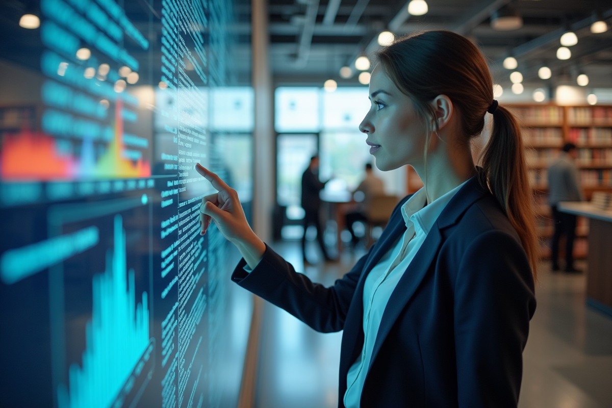 Jeune femme utilisant un grand écran tactile en bibliothèque