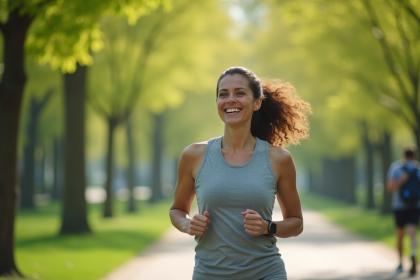 Femme en jogging dans un parc vert au printemps