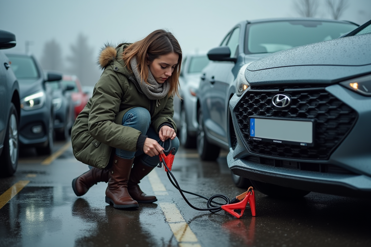 Femme branchant des câbles de démarrage sur une voiture hybride