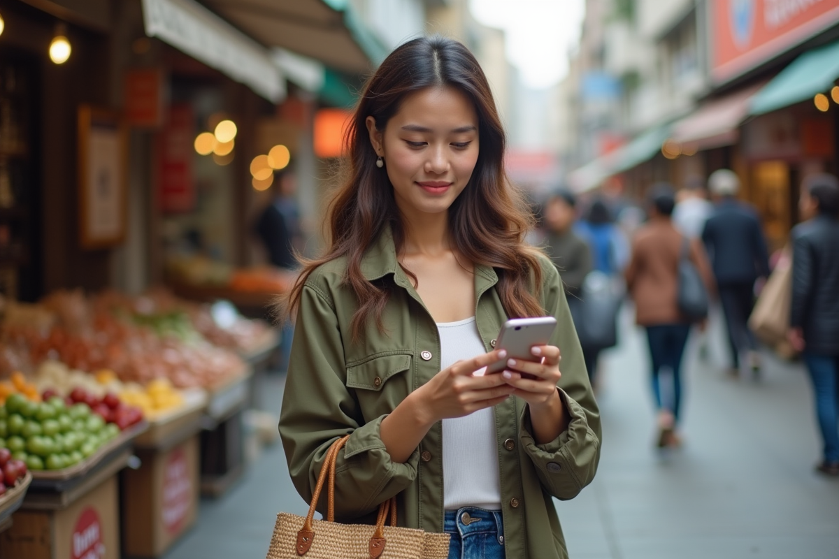 Jeune femme au marché urbain utilisant son téléphone