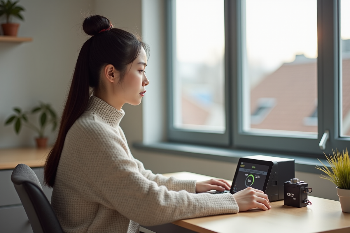 Femme surveillant un systeme solaire domestique intérieur