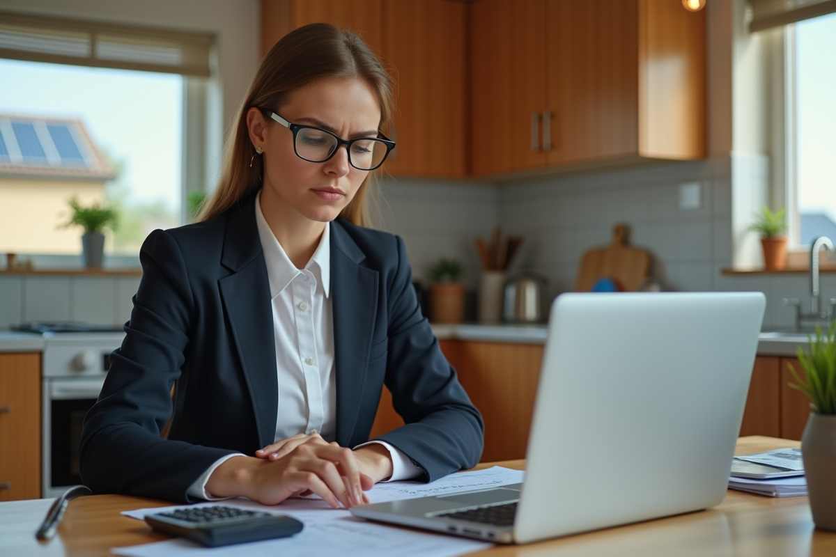 Jeune femme en costume analysant des documents avec panneaux solaires