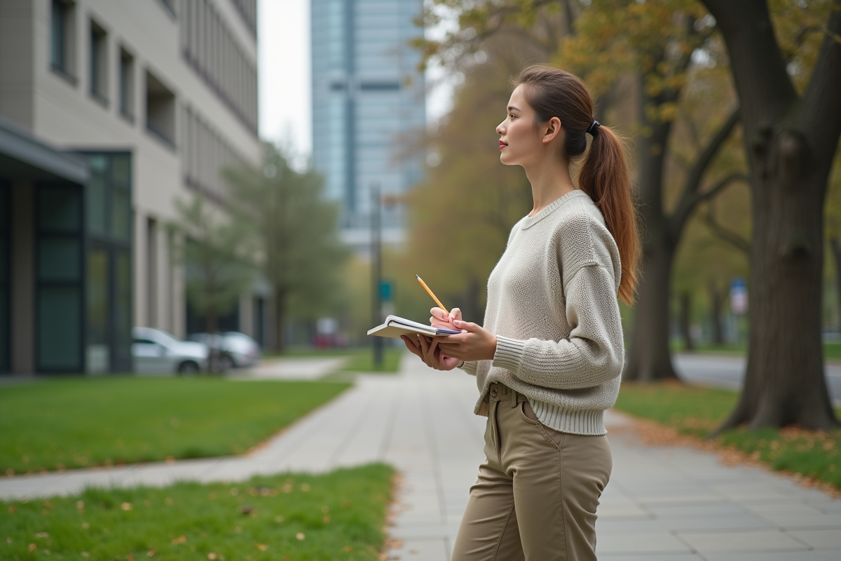 Jeune femme observe la ville dans un parc urbain