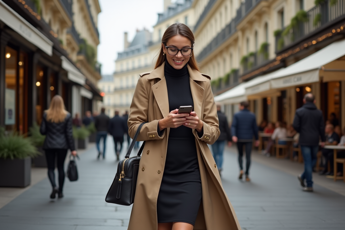 Femme parisienne chic marchant dans une rue animée