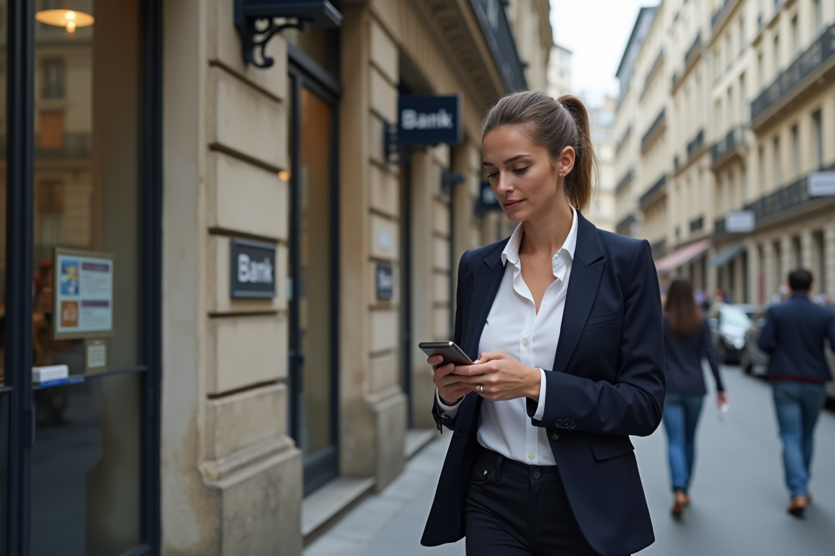 Jeune femme parisienne marche avec son smartphone dans la rue