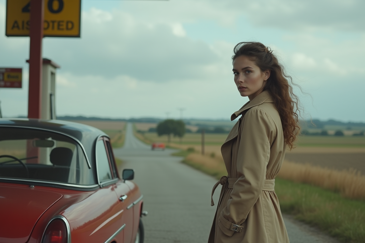 Jeune femme au trench à la station essence à la campagne