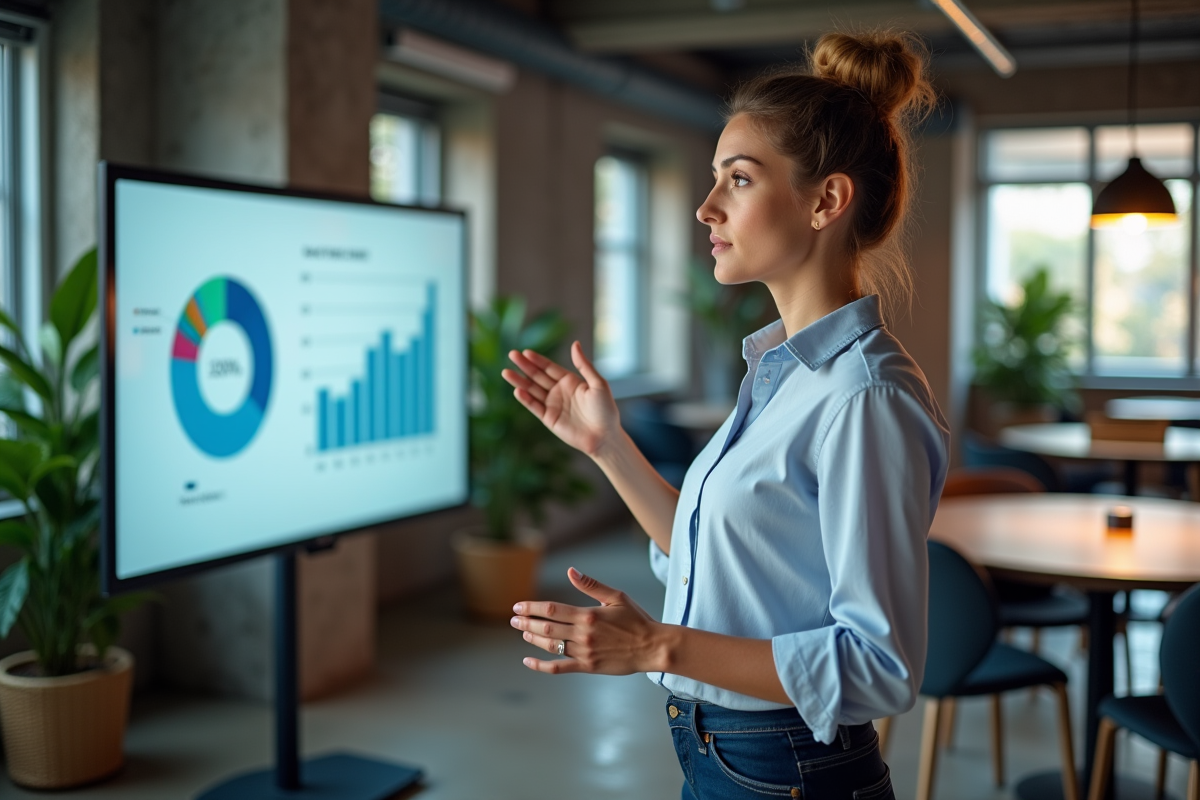 Jeune femme en business casual présente une infographie