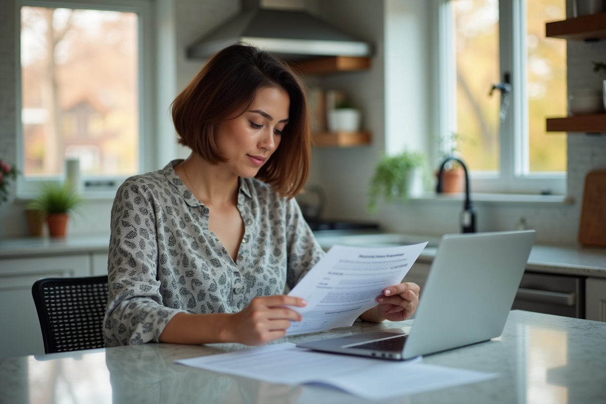 Femme au foyer remplissant des formulaires fiscaux à la maison