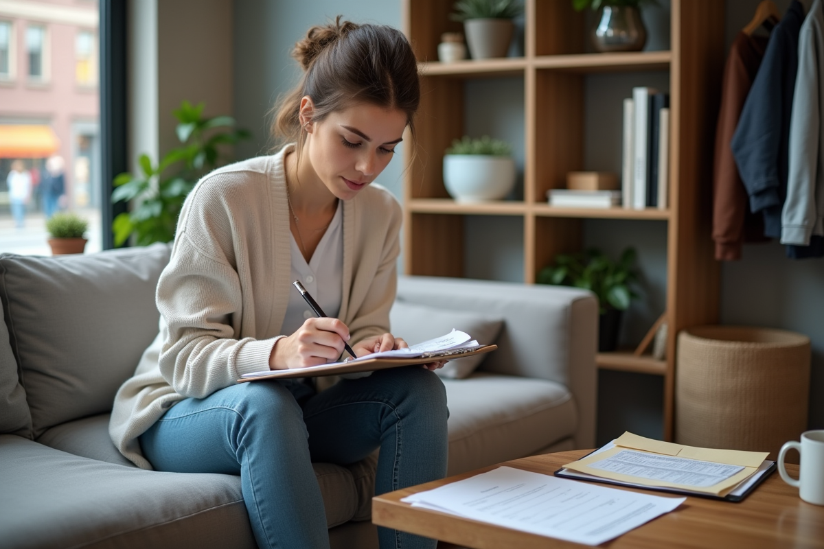 Femme remplissant des formulaires fiscaux à la maison