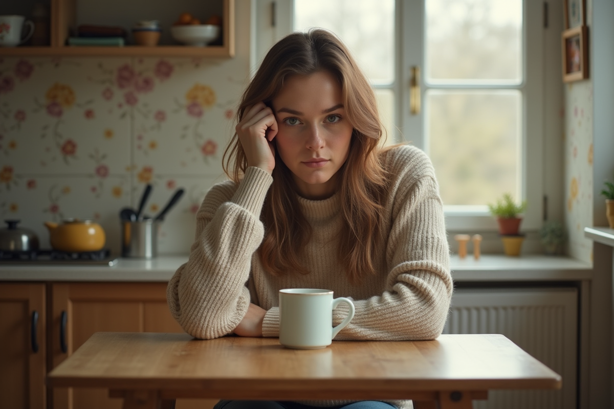 Femme pensant à la maison avec une tasse dans la main