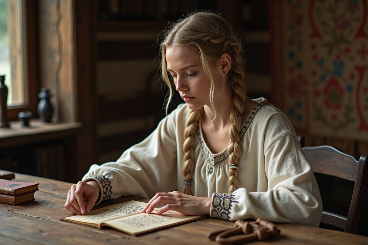 Jeune femme contemplant des runes sur un tissu ancien