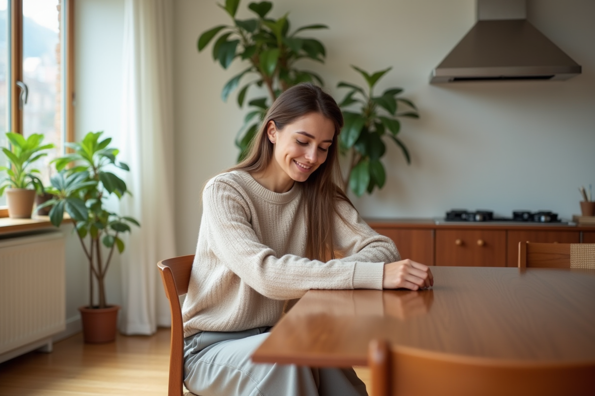 Jeune femme admirant une table en teck dans un salon scandinave