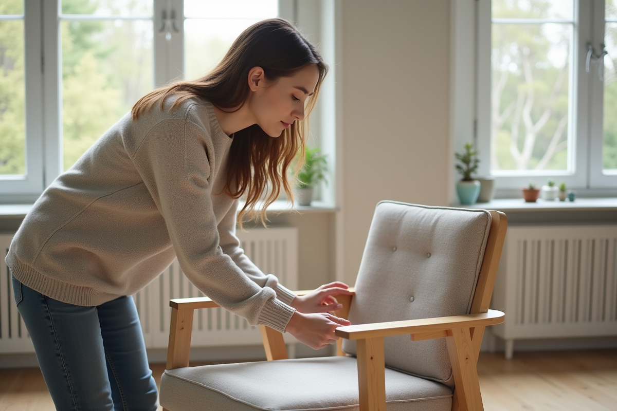 Jeune femme scandinave inspectant une chaise en bois clair dans un salon moderne