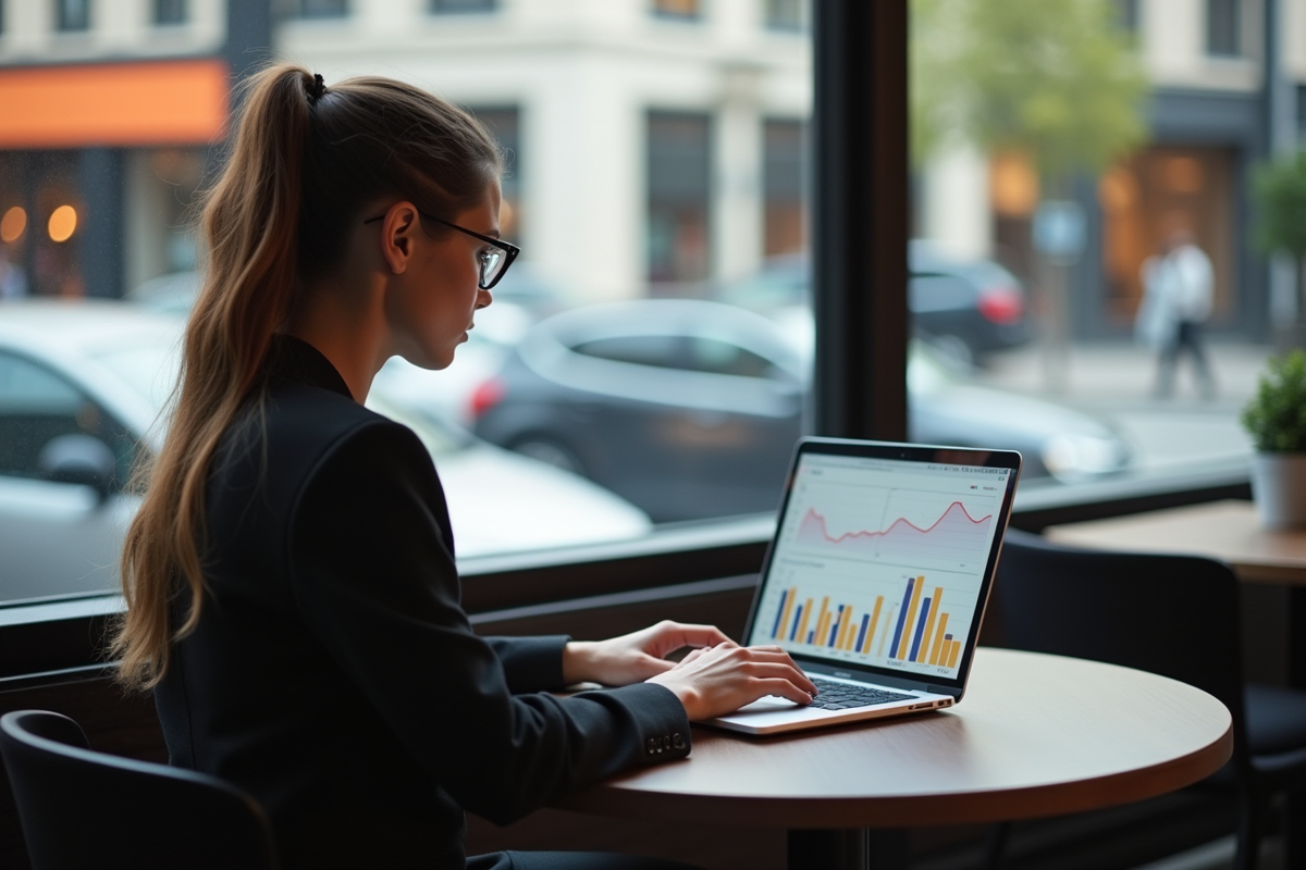 Jeune femme travaillant sur un graphique automobile au café