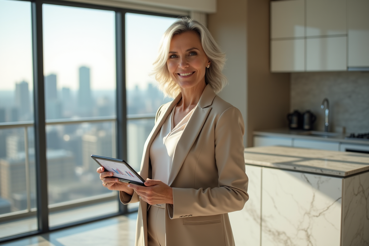 Femme élégante avec tablette dans une cuisine urbaine lumineuse