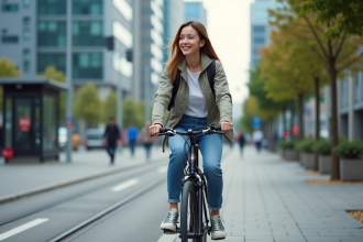 Jeune femme à vélo dans une ville moderne