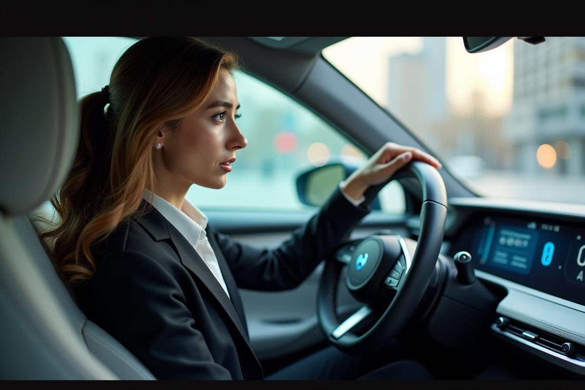 Jeune femme dans voiture hydrogene regardant warning