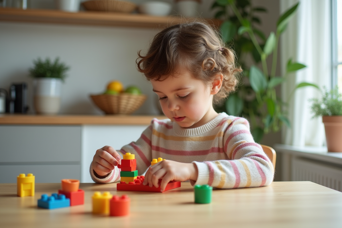 Jeune fille construisant un jouet en bois à la table de cuisine