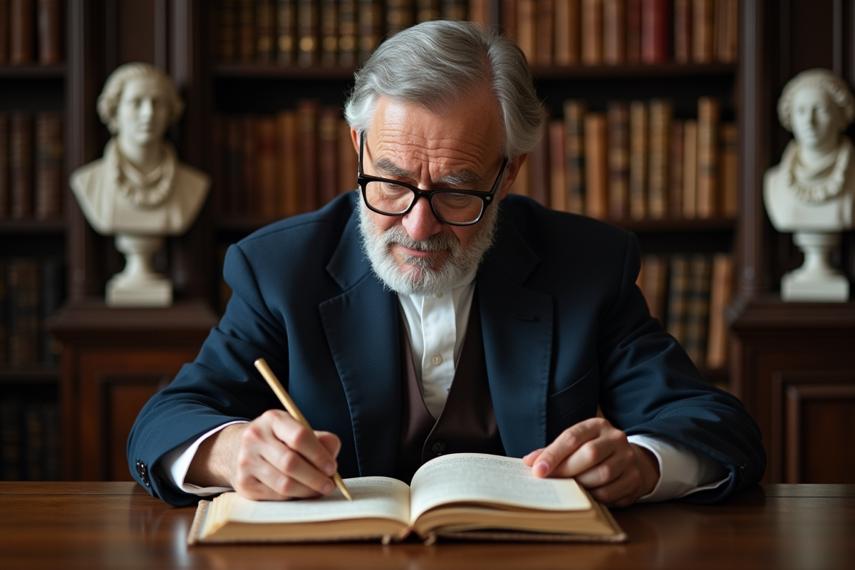 Historien âgé lisant un ancien manuscrit dans une bibliothèque